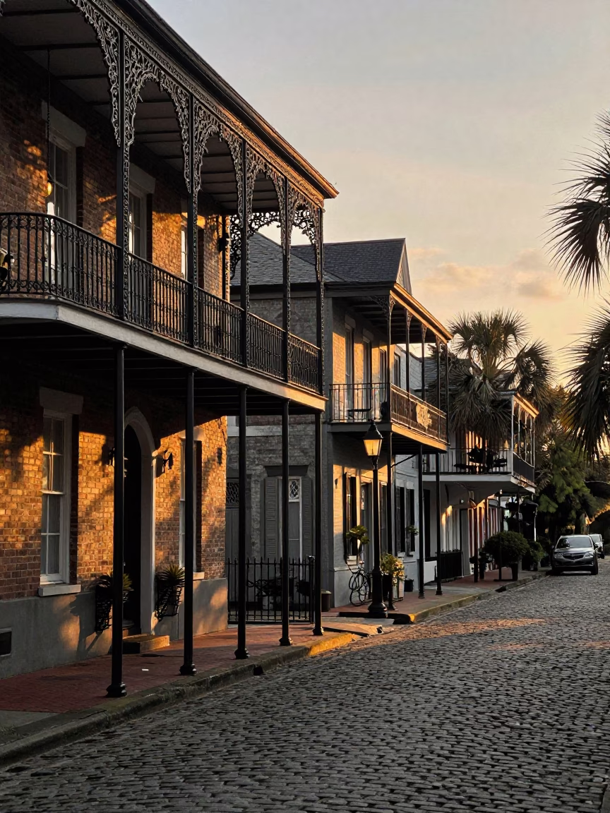 Charleston South Carolina Early Evening Street Scene with Historic Architecture and Local Life in in Charleston, South Carolina, United States