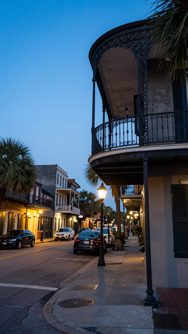 Charleston South Carolina Early Evening Street Scene with Historic Architecture in in Charleston, South Carolina, United States