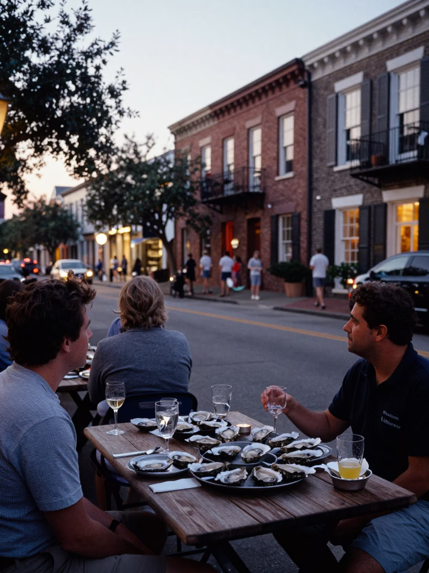 Charleston South Carolina Early Evening Street Scene with Oysters and Glass Tumblers in in Charleston, South Carolina, United States
