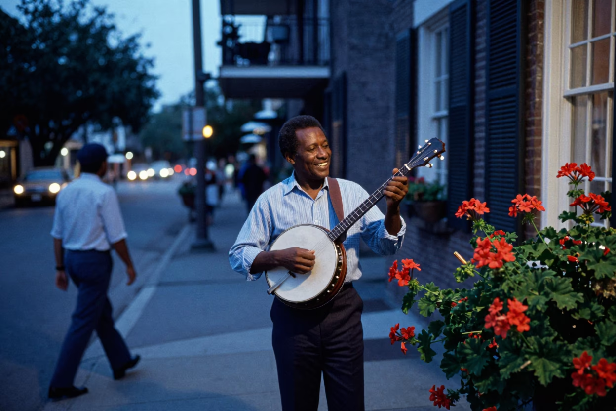 Charleston South Carolina Evening Banjo Player and Geraniums in in Charleston, South Carolina, United States