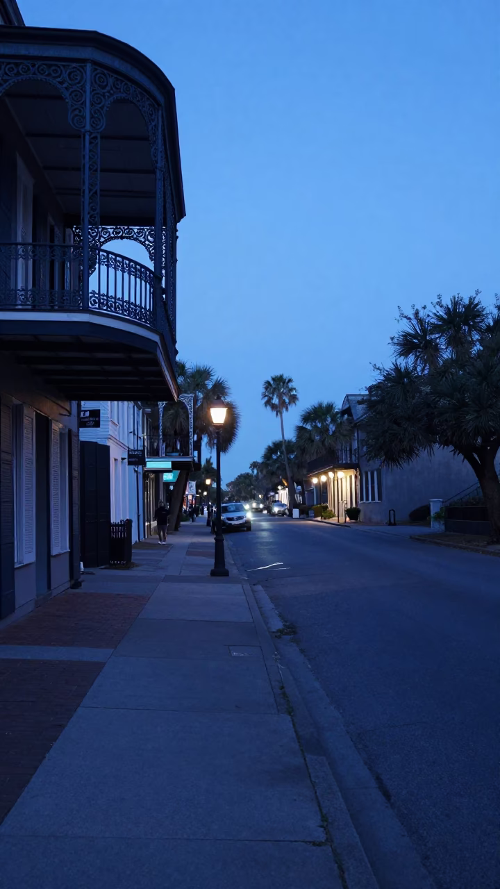 Charleston South Carolina Evening Blue Hour Historic Street Scene with Water Rings in in Charleston, South Carolina, United States