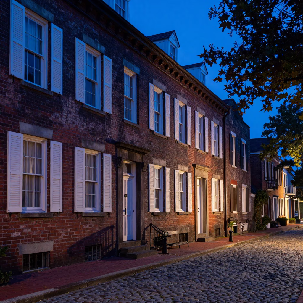 Charleston South Carolina Evening Blue Light Historic Brick Street Scene in in Charleston, South Carolina, United States