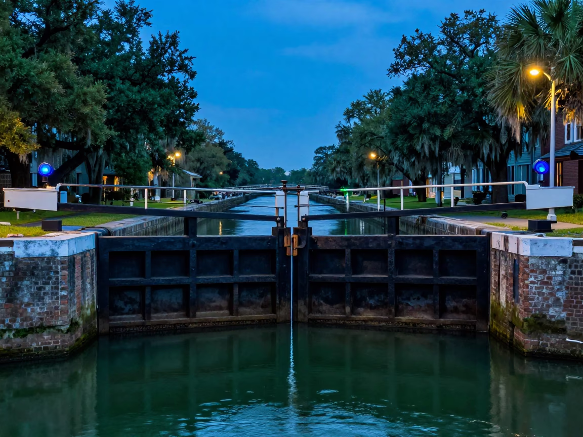 Charleston South Carolina Evening Canal Lock Gate Closing on Still Green Water in in Charleston, South Carolina, United States
