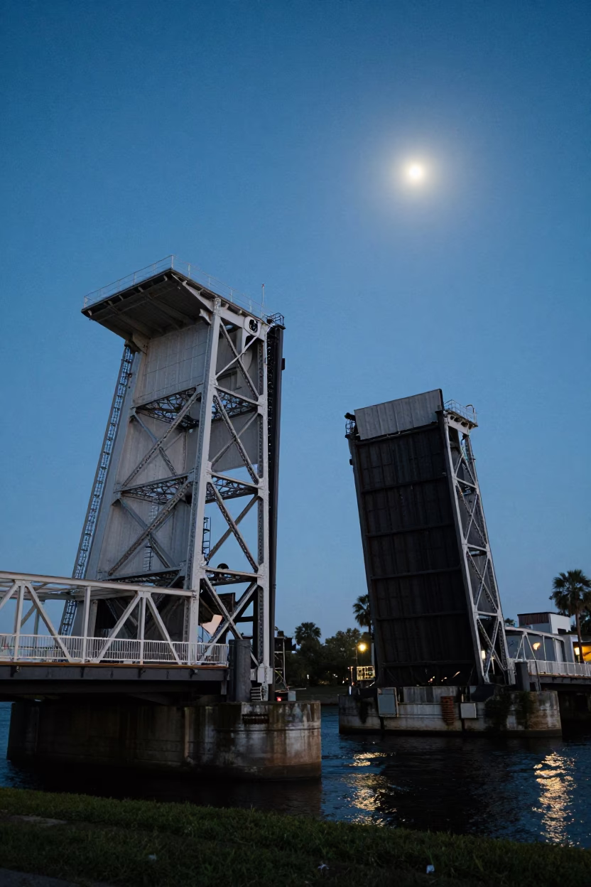 Charleston South Carolina Evening Drawbridge Bascule Span Paused Against Moonlit Sky Blue Light in in Charleston, South Carolina, United States