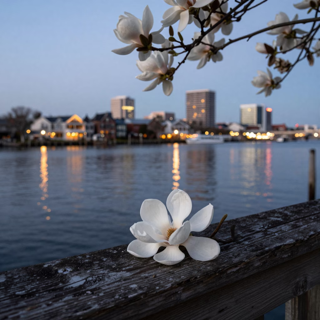 Charleston South Carolina Evening Harbor Scene with Magnolia Bloom and City Lights in in Charleston, South Carolina, United States