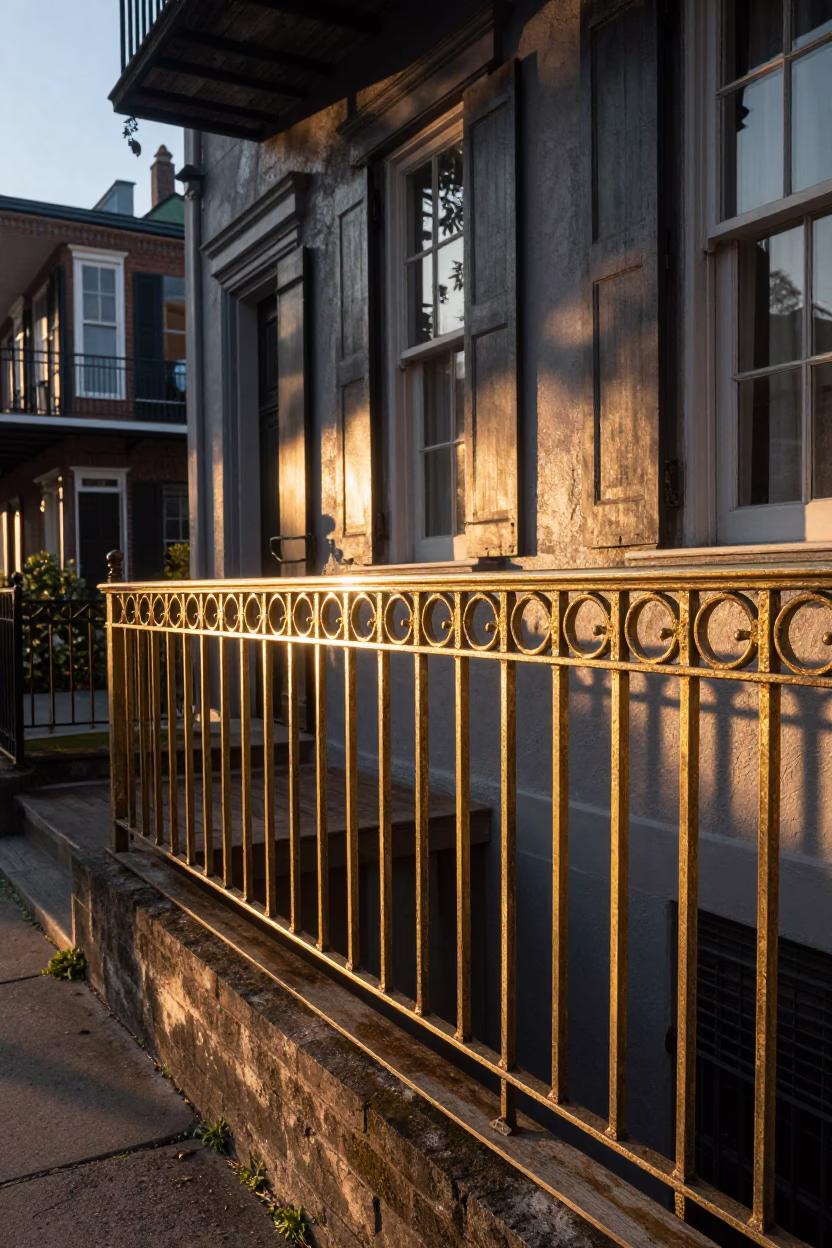 Charleston South Carolina Evening Light Polished Brass Rail and Historic Architecture in in Charleston, South Carolina, United States