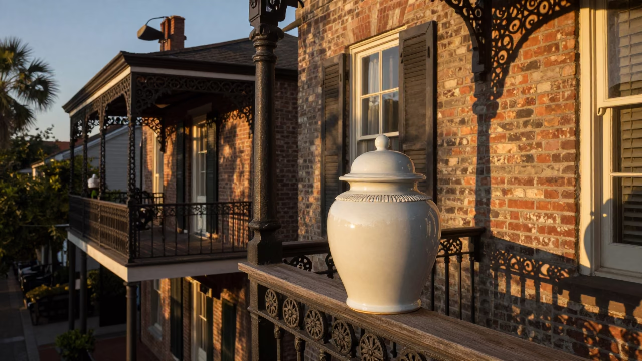 Charleston South Carolina Evening Light Porcelain Jar on Balcony with Fringe Rail in in Charleston, South Carolina, United States