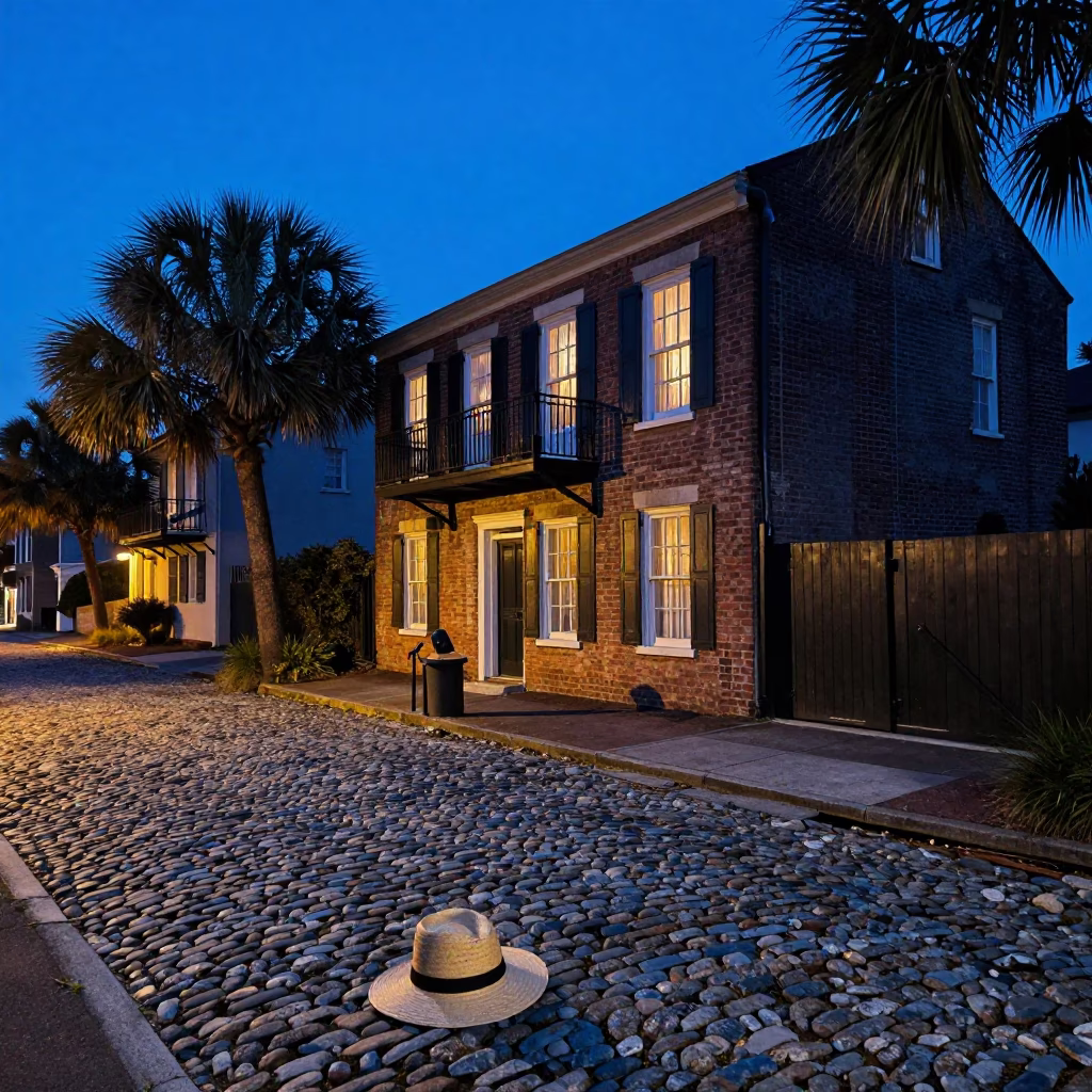 Charleston South Carolina Evening Scene with Straw Hat and Cobblestone Streets in in Charleston, South Carolina, United States