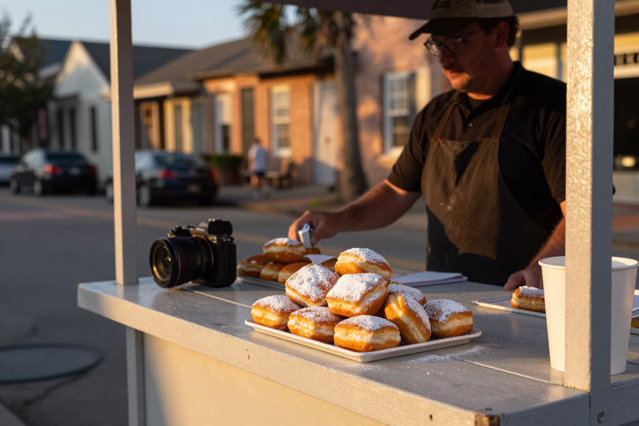 Charleston South Carolina Evening Street Scene with Beignets and Vintage Atmosphere in in Charleston, South Carolina, United States