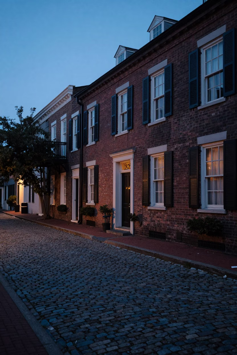 Charleston South Carolina Evening Street Scene with Brick Architecture and Dusk Lighting in in Charleston, South Carolina, United States