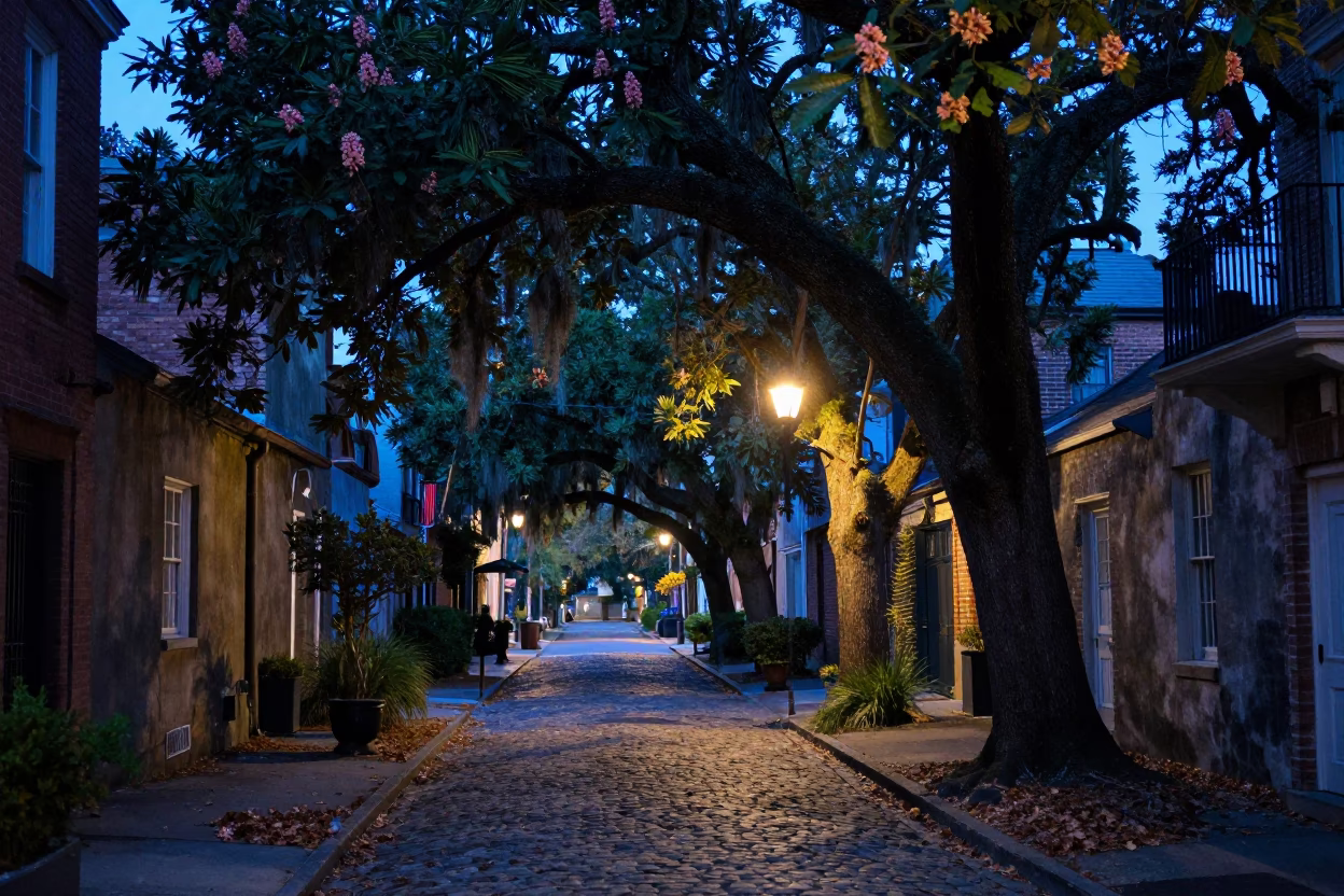 Charleston South Carolina Evening Street Scene with Chestnut Tree Husks and Historic Brick Alleyway in in Charleston, South Carolina, United States