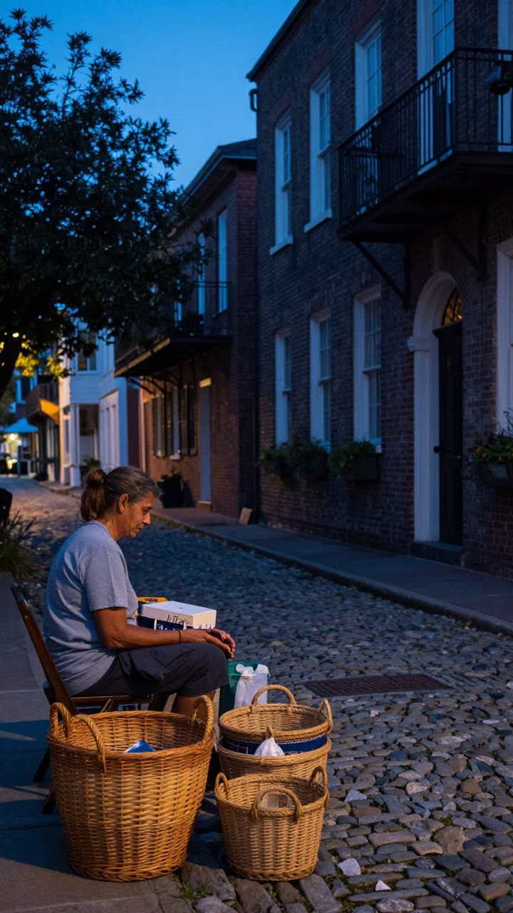 Charleston South Carolina Evening Street Scene with Hand-Woven Willow Basket and Boot Scraper in in Charleston, South Carolina, United States