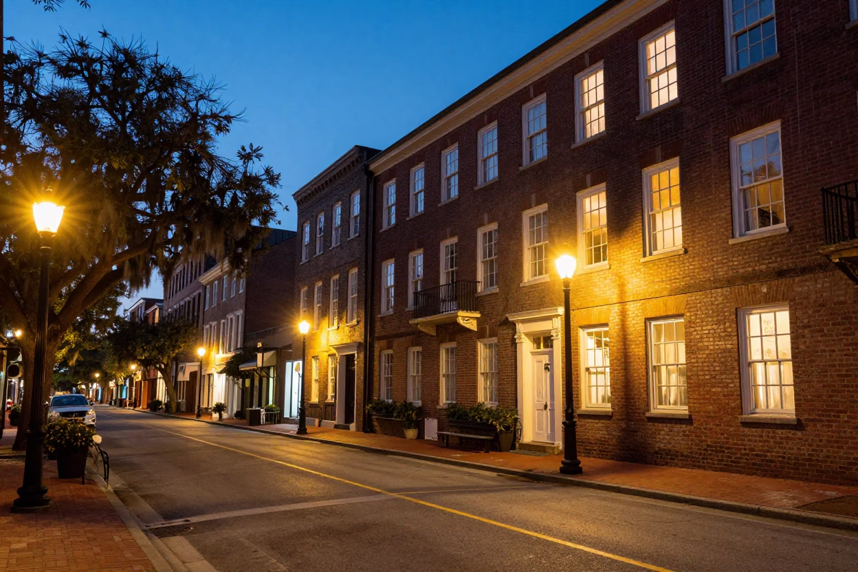 Charleston South Carolina Evening Street Scene with Historic Architecture and City Lights in in Charleston, South Carolina, United States