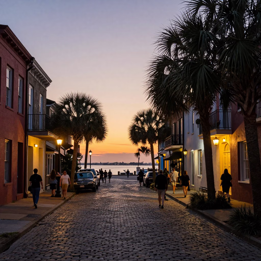 Charleston South Carolina Evening Street Scene with Historic Architecture and Harbor in in Charleston, South Carolina, United States