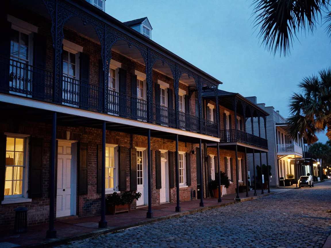 Charleston South Carolina Evening Street Scene with Historic Architecture and Local Life in in Charleston, South Carolina, United States