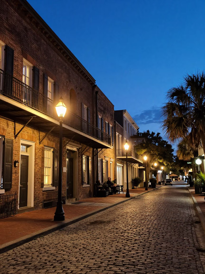 Charleston South Carolina Evening Street Scene with Historic Architecture and Vintage Automobiles in in Charleston, South Carolina, United States