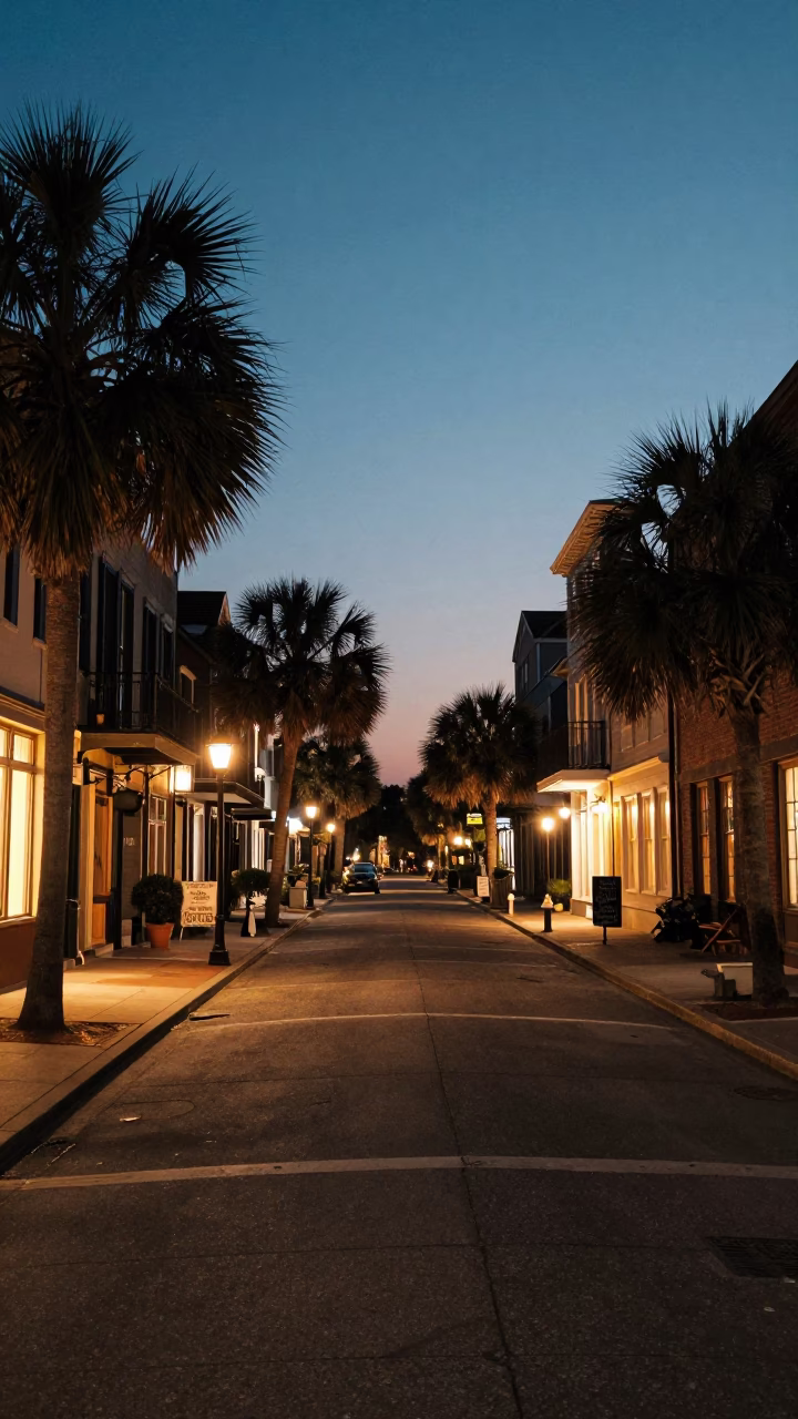 Charleston South Carolina Evening Street Scene with Historic Architecture and Warm City Lights in in Charleston, South Carolina, United States
