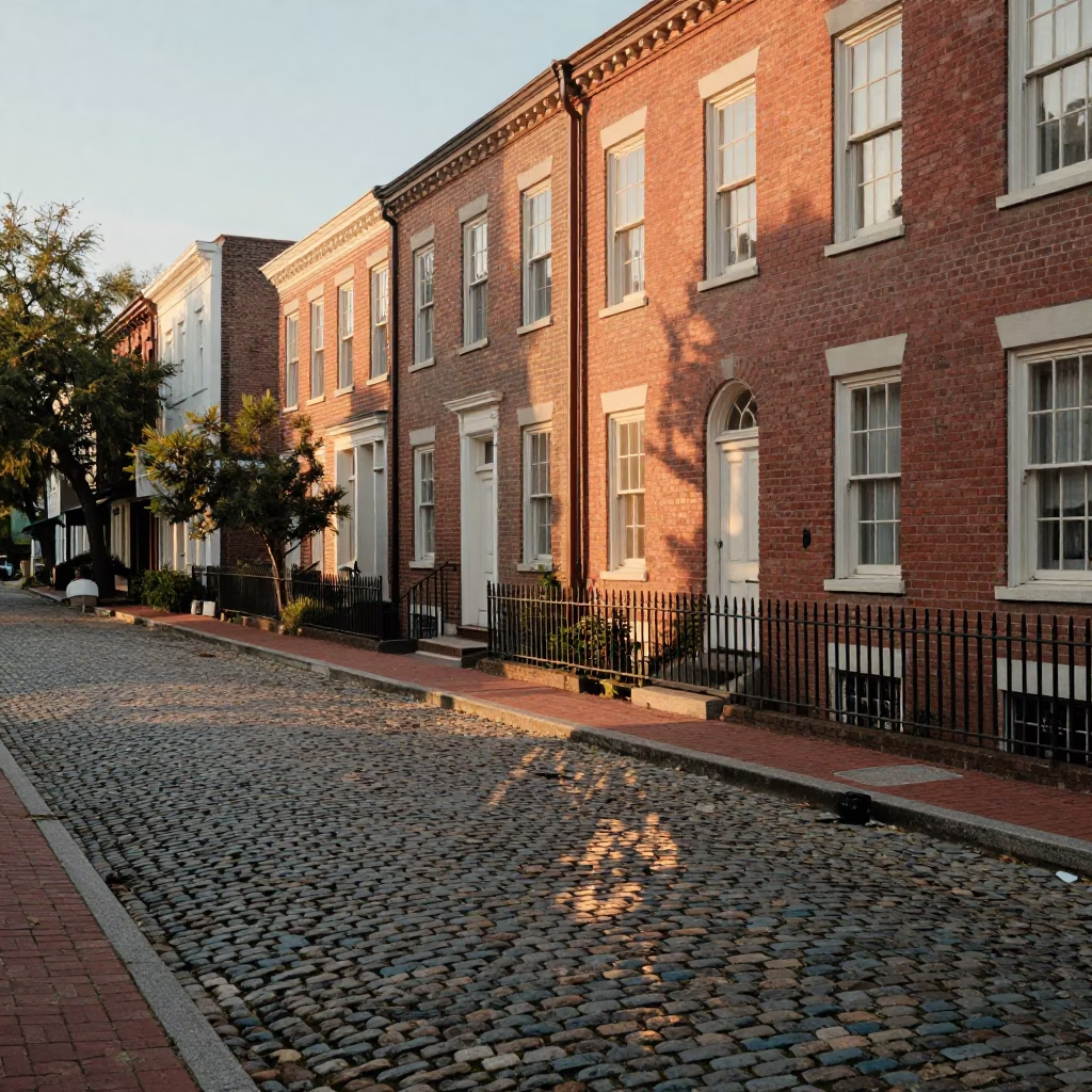 Charleston South Carolina Evening Street Scene with Historic Brick Buildings and Cobblestone in in Charleston, South Carolina, United States