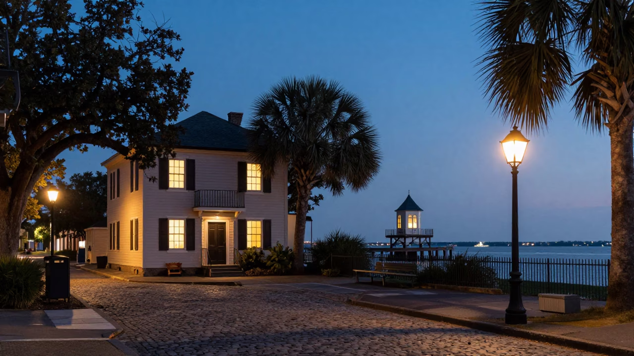 Charleston South Carolina Evening Street Scene with Levee Pump House Glow in in Charleston, South Carolina, United States