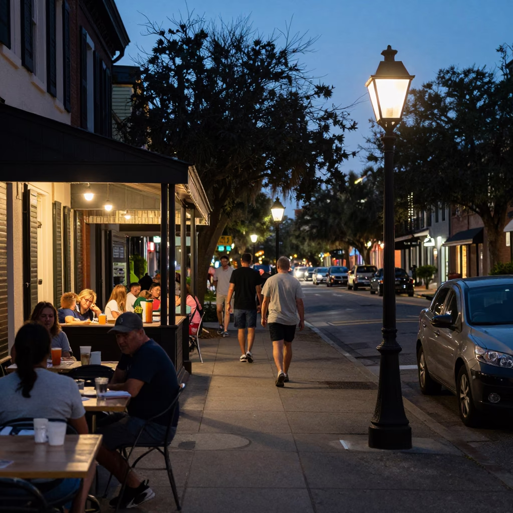 Charleston South Carolina Evening Street Scene with Local Dining and City Lights in in Charleston, South Carolina, United States