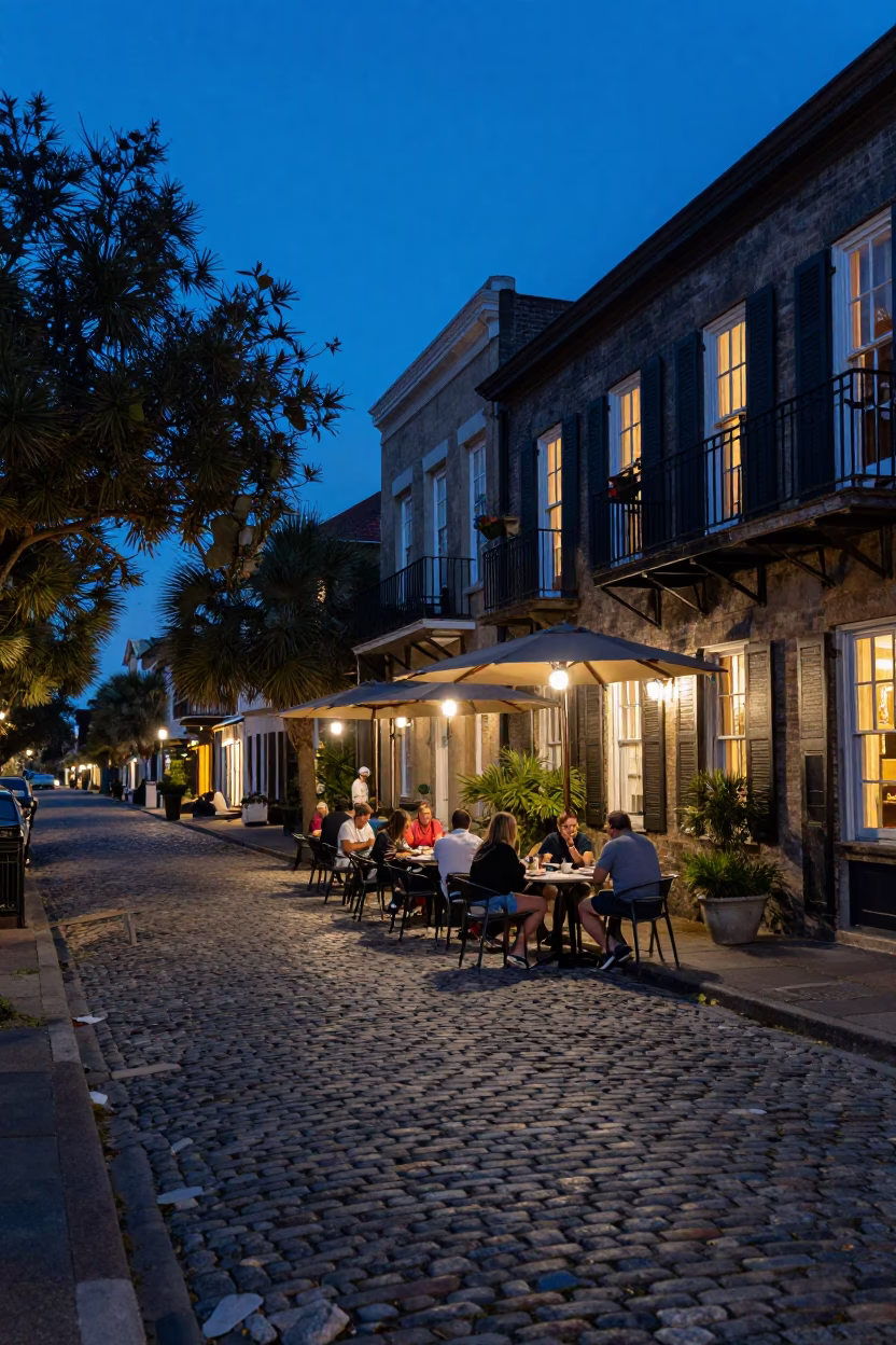 Charleston South Carolina Evening Street Scene with Local Dining and Historic Architecture in in Charleston, South Carolina, United States