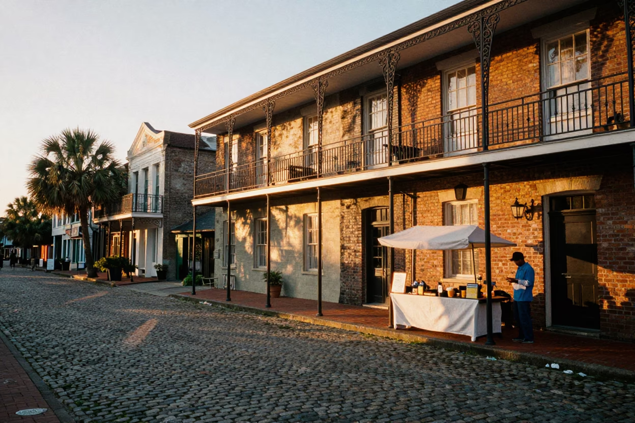 Charleston South Carolina Evening Street Scene with Local Food and History in in Charleston, South Carolina, United States
