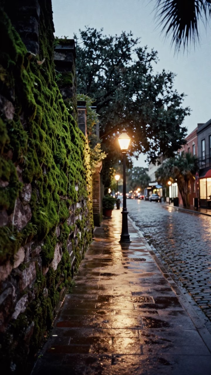 Charleston South Carolina Evening Street Scene with Mossy Stone Walls and City Lights in in Charleston, South Carolina, United States
