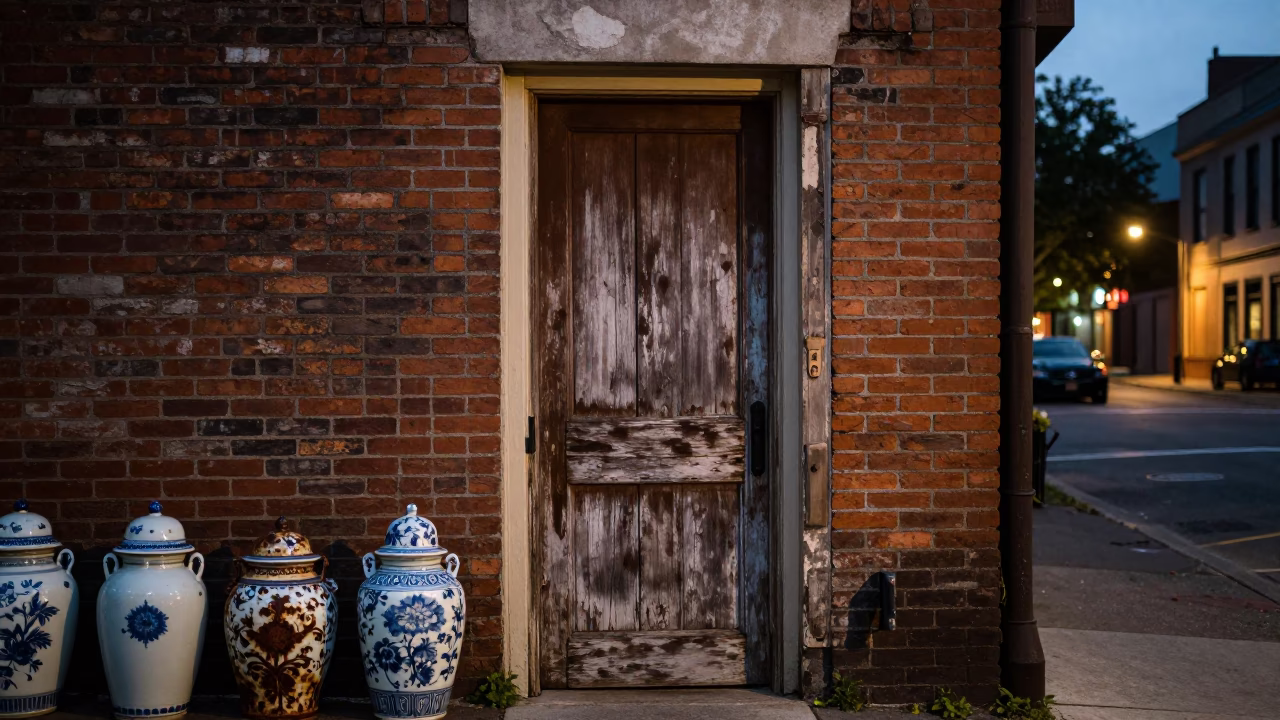 Charleston South Carolina Evening Street Scene with Porcelain Jars and Rusty Hinge Details in in Charleston, South Carolina, United States