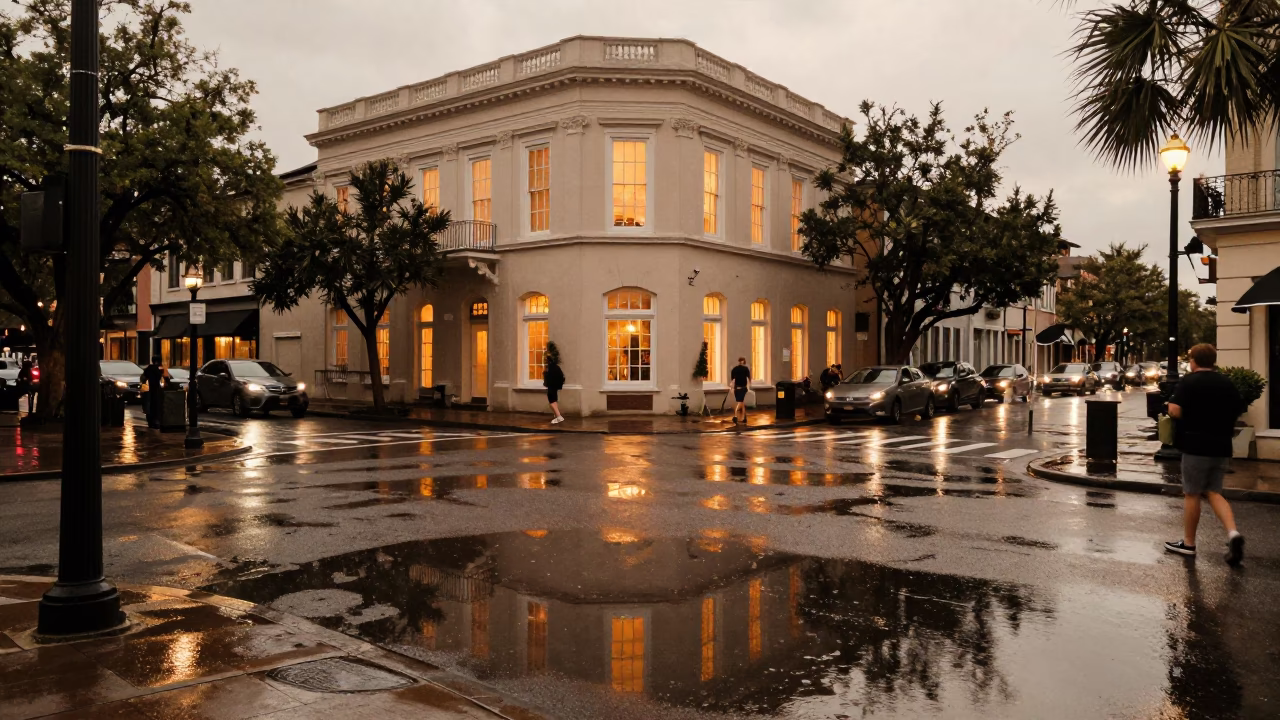 Charleston South Carolina Evening Street Scene with Puddle Reflections and Historic Architecture in in Charleston, South Carolina, United States