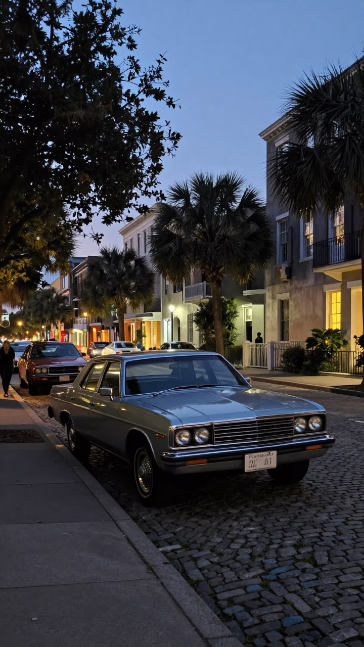Charleston South Carolina Evening Street Scene with Vintage 1980s Car and City Lights in in Charleston, South Carolina, United States