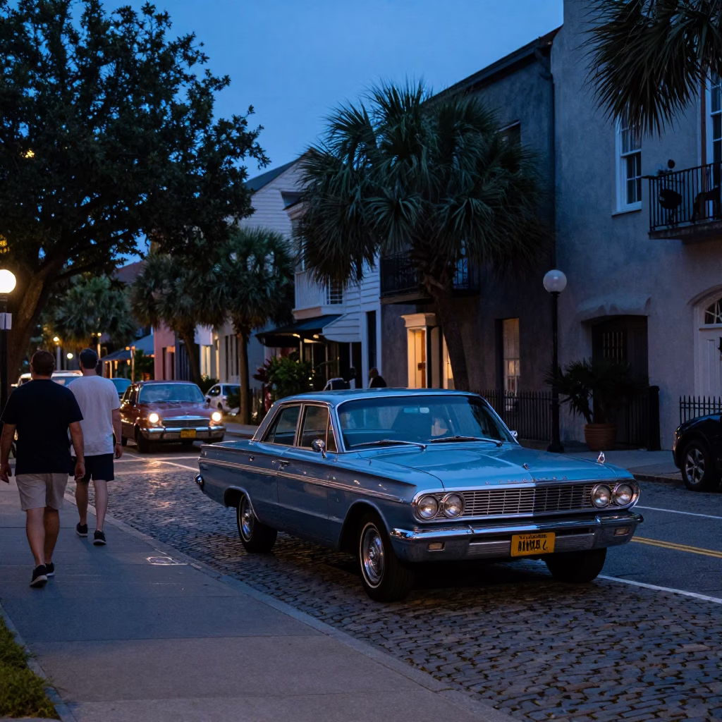 Charleston South Carolina Evening Street Scene with Vintage Automobile and Pedestrians in in Charleston, South Carolina, United States