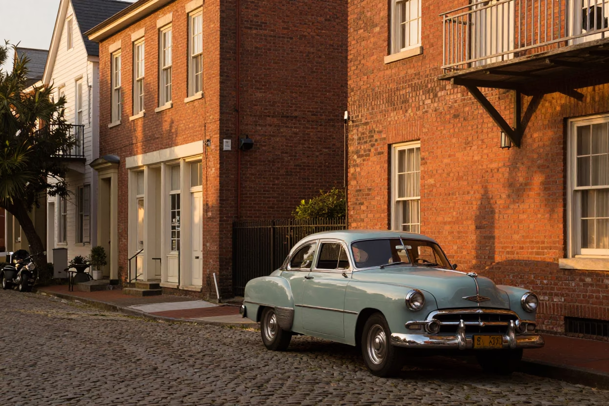 Charleston South Carolina Evening Street Scene with Vintage Car and Brick Architecture in in Charleston, South Carolina, United States