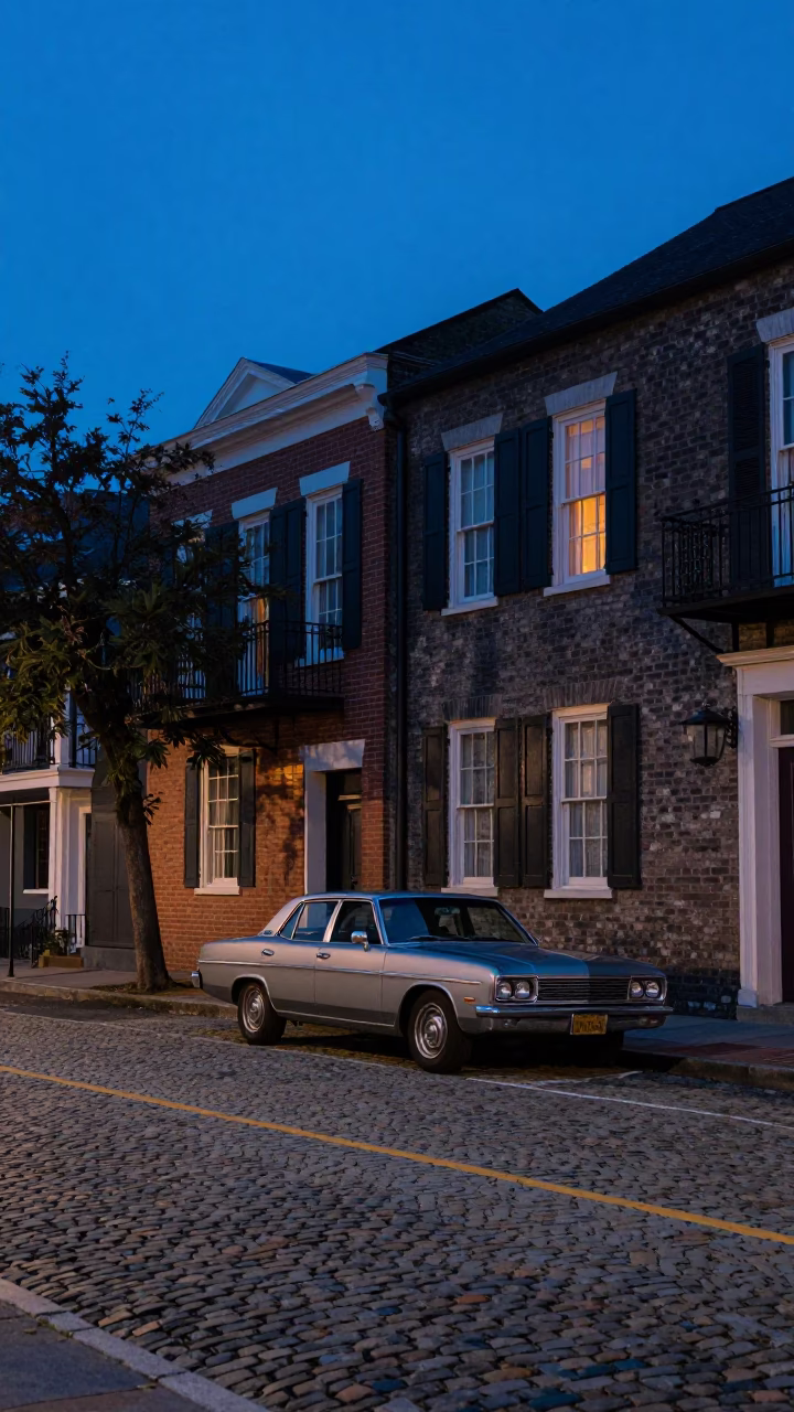 Charleston South Carolina Evening Street Scene with Vintage Car and Cobblestone Architecture in in Charleston, South Carolina, United States
