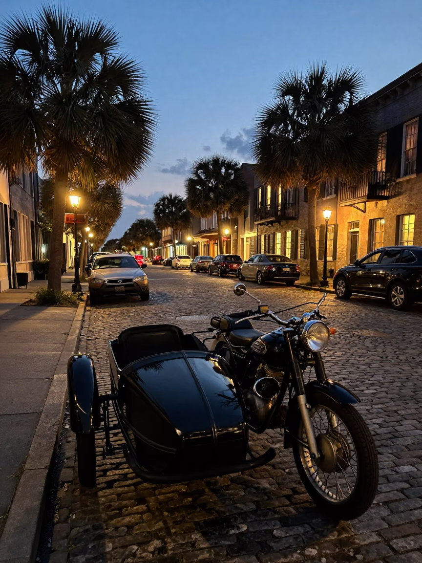 Charleston South Carolina Evening Street Scene with Vintage Motorcycle Sidecar and Ivy Vines in in Charleston, South Carolina, United States