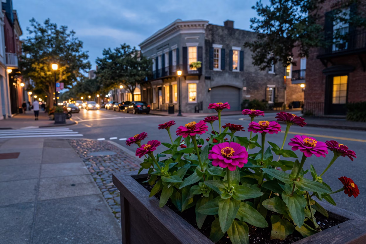 Charleston South Carolina Evening Street Scene with Zinnias and Historic Architecture in in Charleston, South Carolina, United States