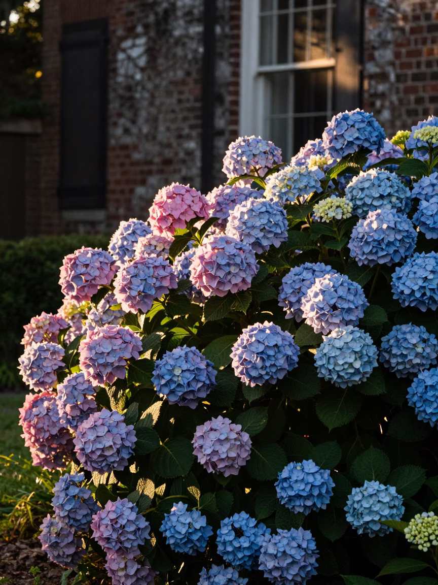 Charleston South Carolina First Light Dawn Hydrangea Bush Blue Pink Garden in in Charleston, South Carolina, United States