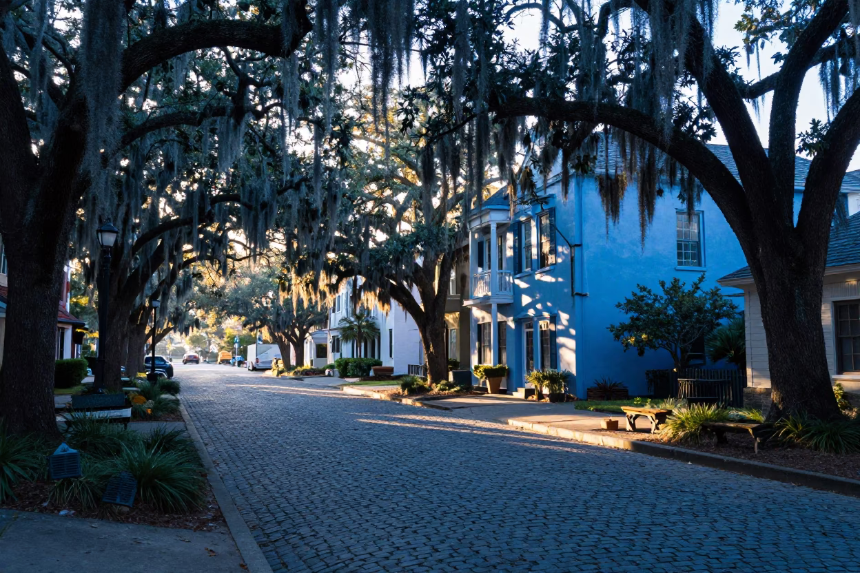 Charleston South Carolina First Light Dawn Street Scene Cobalt Blue Porcelain Plate in in Charleston, South Carolina, United States