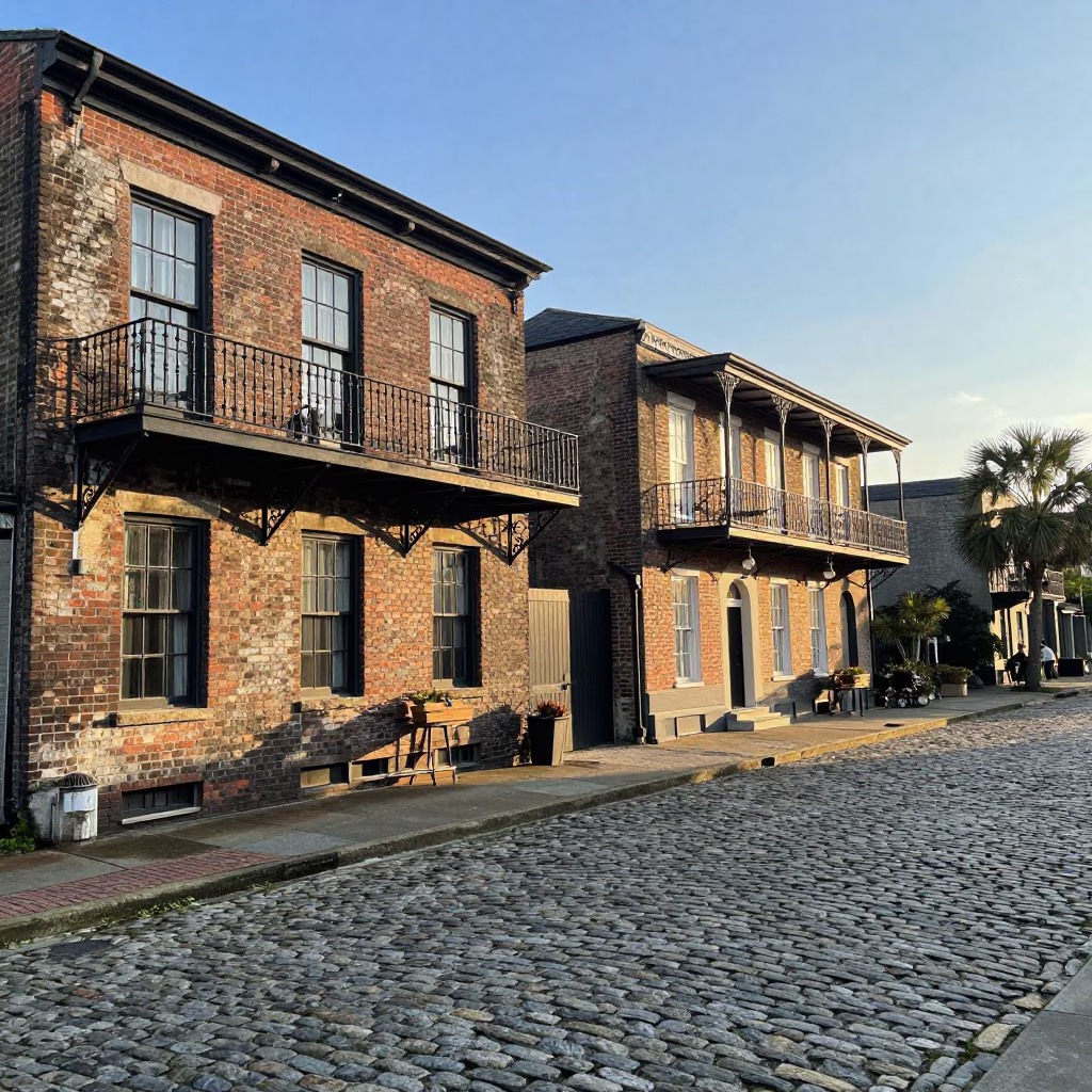 Charleston South Carolina First Light Historic District Cobblestone Street Scene in in Charleston, South Carolina, United States