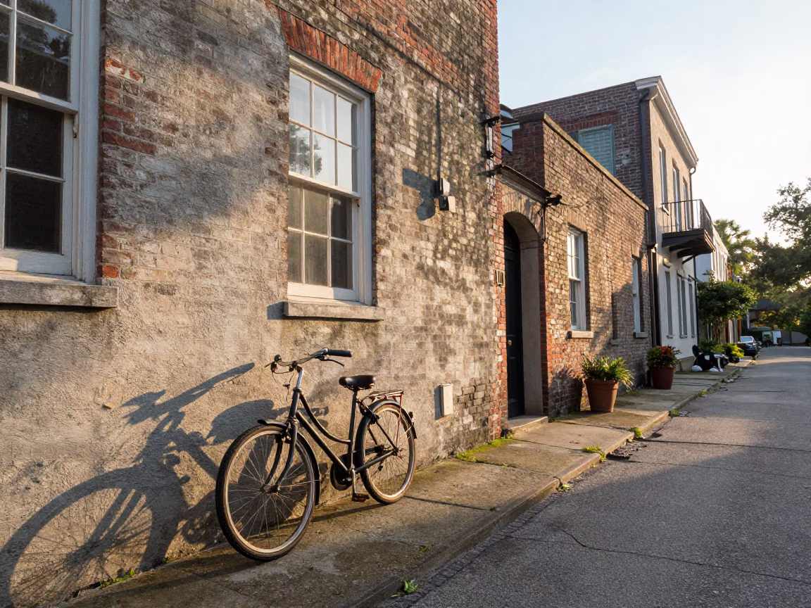 Charleston South Carolina First Light Morning Street Scene with Vintage Bicycle and Cobblestone Alley in in Charleston, South Carolina, United States