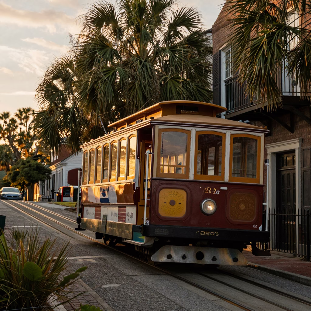Charleston South Carolina Funicular Climbing Steep Hill in Honeyed Evening Light in in Charleston, South Carolina, United States