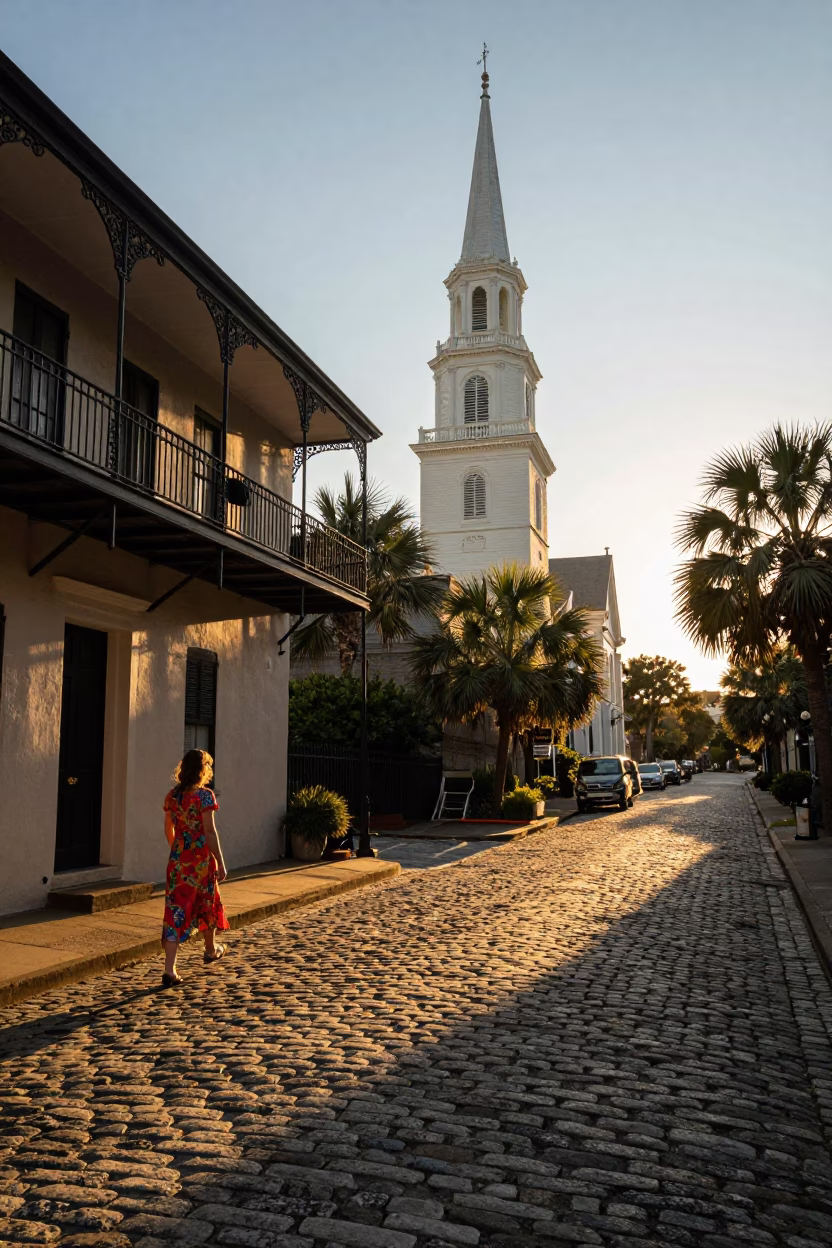 Charleston South Carolina Golden Hour Street Photography Historic District Cobblestones and Architecture in in Charleston, South Carolina, United States