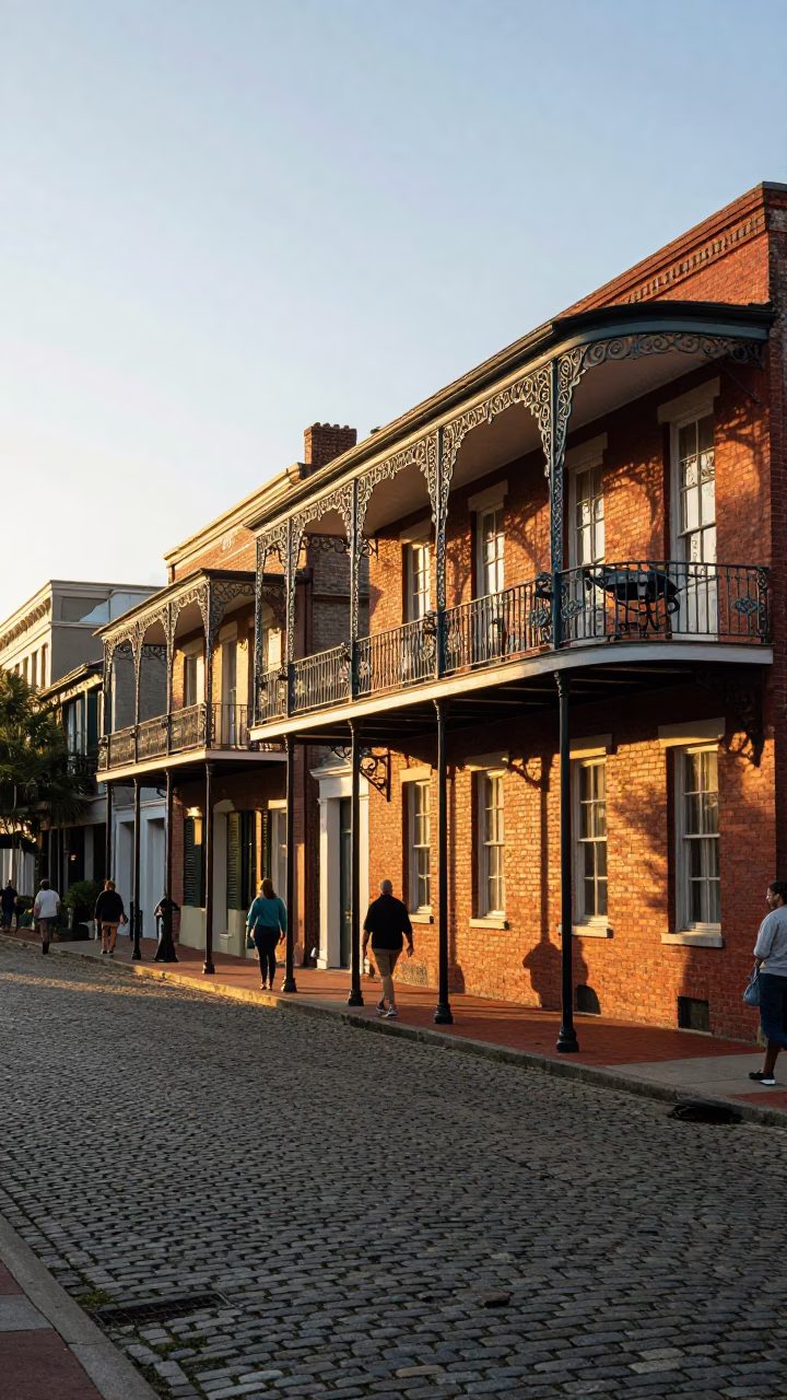 Charleston South Carolina Golden Hour Street Scene with Historic Architecture and Local Life in in Charleston, South Carolina, United States