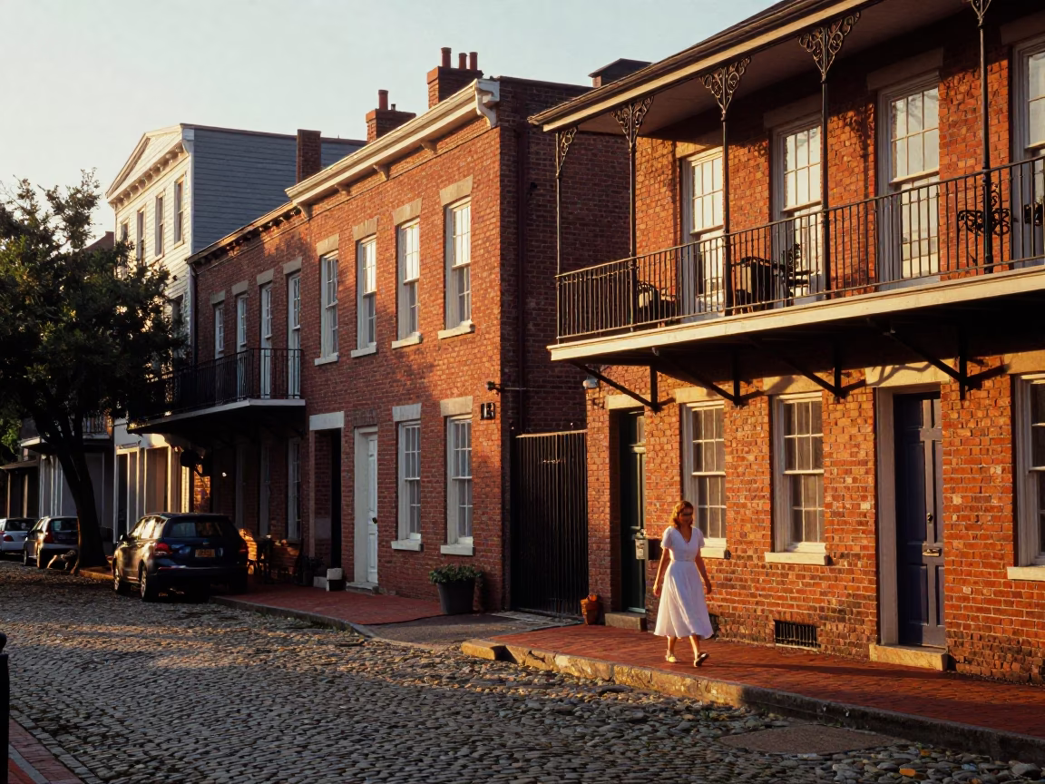 Charleston South Carolina Golden Hour Street Scene with Historic Brick and Local Life in in Charleston, South Carolina, United States