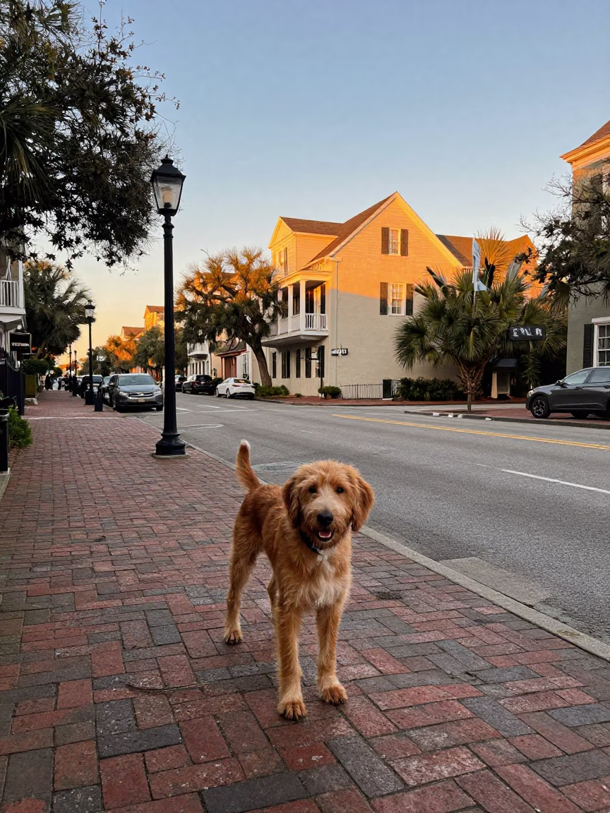 Charleston South Carolina Golden Hour Street Scene with Treeing Walker Coonhound and Historic Architecture in in Charleston, South Carolina, United States
