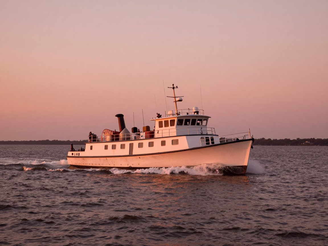 Charleston South Carolina harbor dusk pilot boat cutting through choppy water copper light in in Charleston, South Carolina, United States