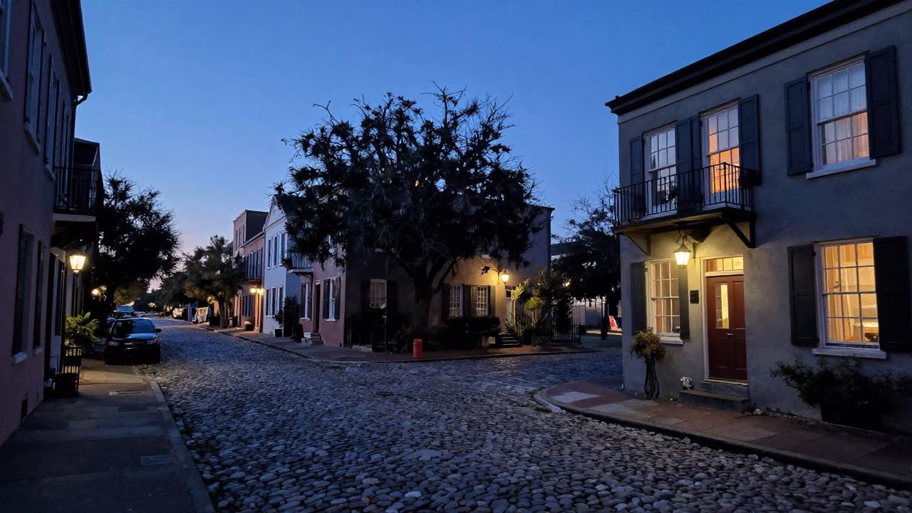 Charleston South Carolina Historic District Before Dawn Cobblestone Street Scene in in Charleston, South Carolina, United States