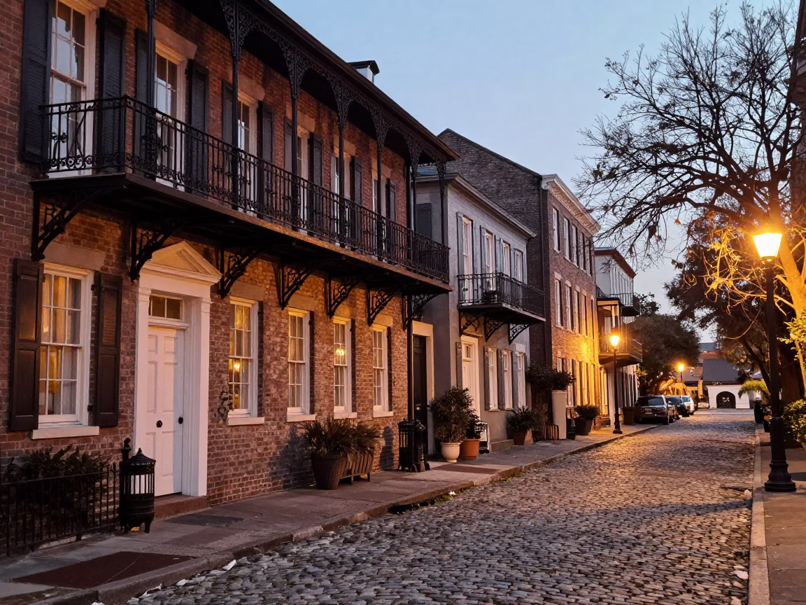 Charleston South Carolina Historic District Cobblestone Street Before Dusk with Wrought Iron Balconies in in Charleston, South Carolina, United States