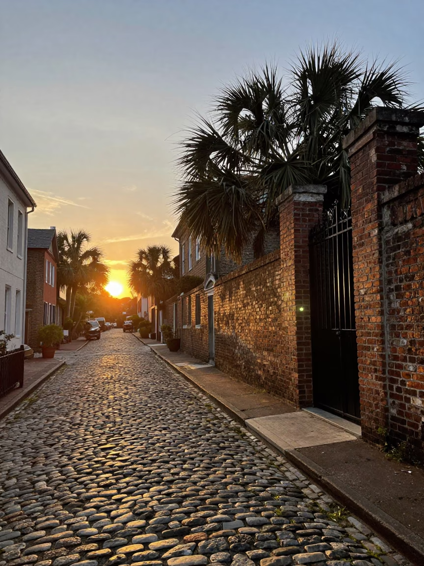Charleston South Carolina Historic District Cobblestone Street Iron Gate and Sunset Light in in Charleston, South Carolina, United States