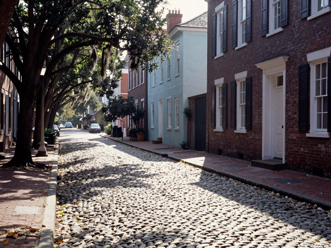 Charleston South Carolina Historic District Cobblestone Street Morning Light in in Charleston, South Carolina, United States