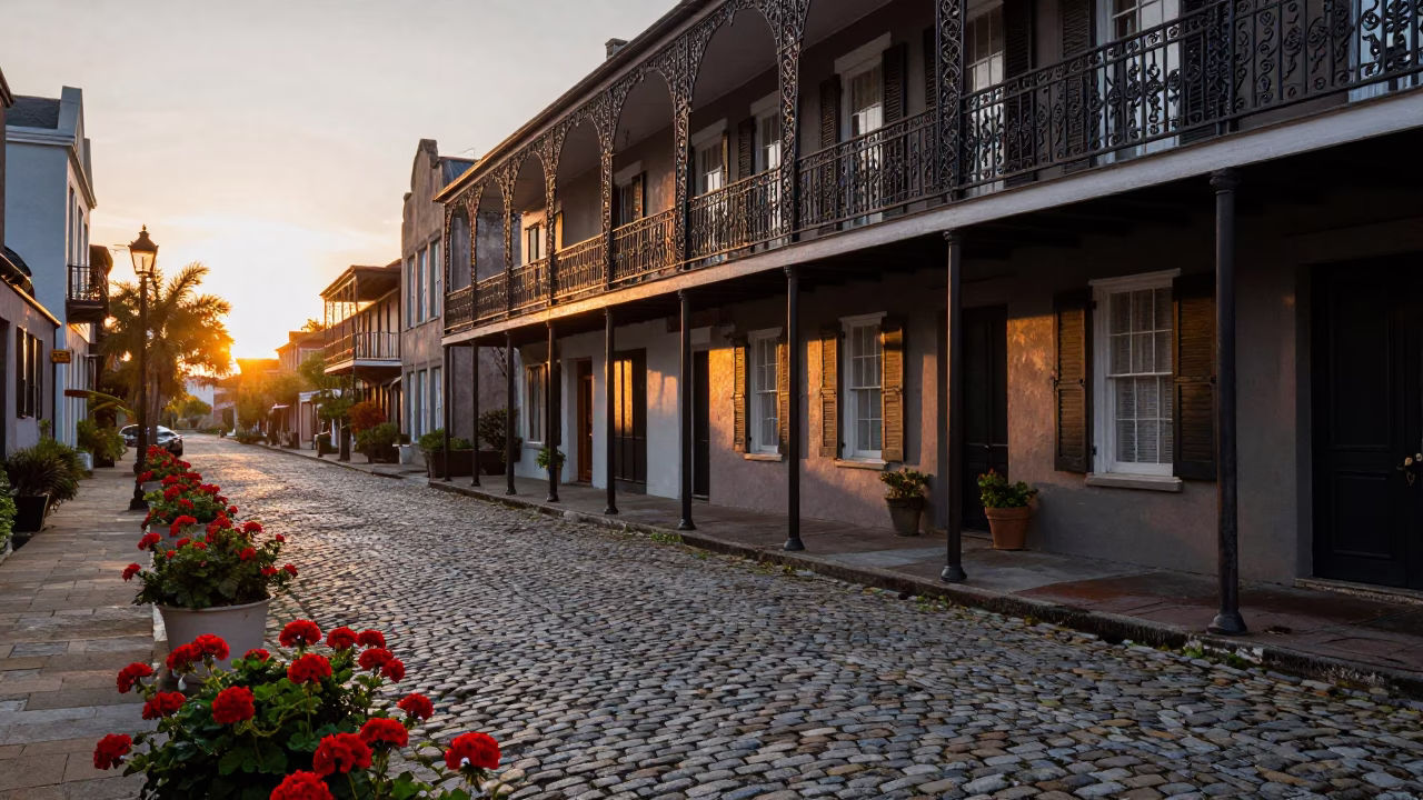 Charleston South Carolina Historic District Cobblestone Street Sunset Scene with Geraniums in in Charleston, South Carolina, United States